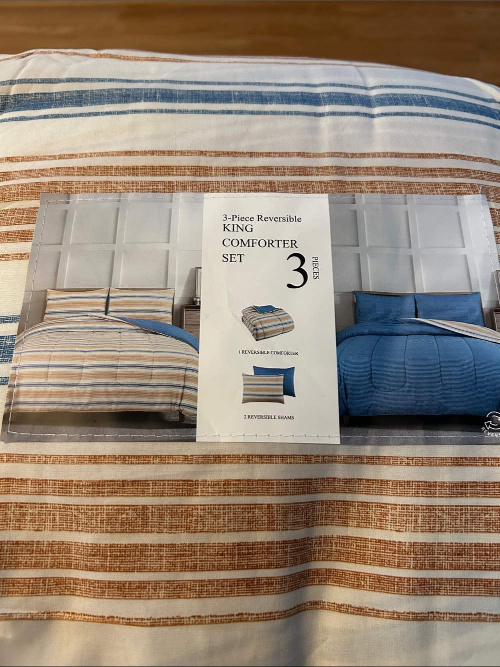 Reversible King Comforter Set in Blue and Brown Stripes